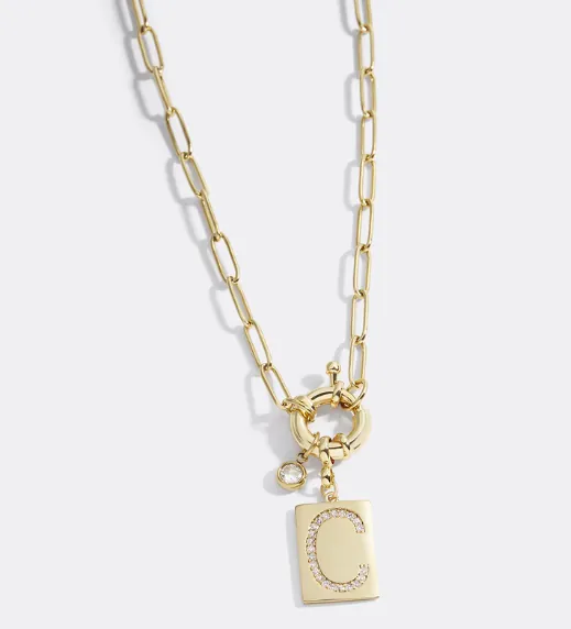 Pave Initial Pendant Necklace with Paperclip Chain